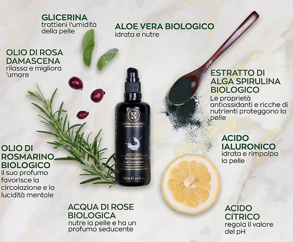 BIO Siero Viso all’Acido Ialuronico Puro 100% biologico - 100ml- Tonico Viso Vegano Concentrato